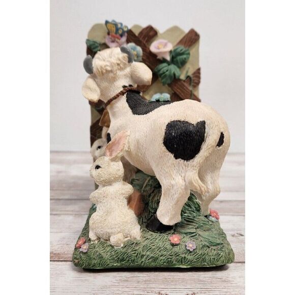 Hand Painted Scenic Bookends Ceramic Farm Animals Cow Pigs Rabbits Fence 5" - Picture 3 of 16